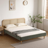 HOMIFAB Lit Adulte 140x190 cm en Velours côtelé Vert Kaki avec tête de lit en cannage - Dalia
