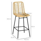 HOMCOM Lot de 2 tabourets de Bar Chaise de Bar Design bohème Hauteur 66 cm avec Repose-Pieds métal et Dossier cannage - Naturel