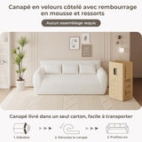 Vesgantti Canapé 3 Places 200 × 94 × 80 cm en Velours Côtelé, Canapé de Sol Rembourré avec 3 Coussins, sans Montage, Idéal pour Salon, Chambre et Bureau, Blanc