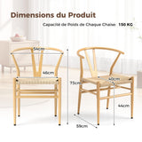COSTWAY Chaise Wishbone Style Scandinave, Chaises avec Cadre en Métal, Dossier en Y, Assise Tressée, Chaise Design pour Salle à Manger, Salon, Bureau (Naturel,2)