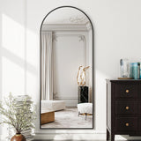 Koonmi Miroir sur pied avec dessus bombé, 171 x 76 cm, miroir arqué, avec verre robuste, miroir complet monté au mur, appuyé ou à placer librement avec pince, noir