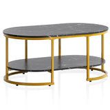 WOHNLING Table basse 100 x 60 x 45 cm - Noir avec aspect marbre - Table de salon design rectangulaire avec étagère - Table basse moderne avec structure en métal doré