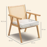HOMCOM Fauteuil Relax pour Salon Chambre Confortable, Chaise cannage avec Dossier en rotin et Coussin rembourré et accoudoirs, Bois Naturel