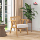 HOMCOM Fauteuil de Salon Confortable, Chaise en rotin avec Dossier en cannage, Coussin épais, Assise Profonde, Structure en Bois hévéa Tissu Aspect Lin Beige