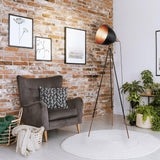 Eglo Lampadaire tripode Chester, lampadaire vintage 1 flamme, lampadaire en acier, couleur : noir, cuivre, douille : E27, interrupteur à tirette inclus