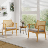 COSTWAY Lot de 2 Fauteuils de Salon 1 Place, Fauteuil Relax avec Cadre en Bois d’Hévéa, Fauteuil d'Appoint avec Dossier en Rotin Respirant & Coussin Amovible, pour Bureau, Salle d'Étude, Charge 135KG