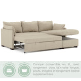 BUDWING Orlando Canapé Convertible d'angle Lit Chaise Longue Coffre Réversible Droite et Gauche Beige