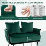 COSTWAY Canapé 2 Places en Velours Hollandais, Fauteuil de Salon pour 2 Personnes avec 2 Oreillers, Design Scandinave avec 5 Pieds Métalliques, Dossier et Accoudoirs Tissés, Charge 160KG (Vert)