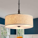 SHRINE Lighting Lustre tambour, suspension tambour pour salle à manger, D50 x H20 cm, chaînes réglables 59″, 3 douilles E27, abat-jour en tissu lin beige et tige noire