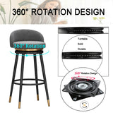 Lot de 2 tabourets de bar pivotants avec dossier rembourré à 360° en velours - Hauteur de comptoir - Tabourets de cuisine et de petit-déjeuner - Pieds en métal doré - Gris - 65 cm