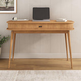 IDIMEX Bureau JARI en Bois Massif, 113 x 75 x 50 cm, Pieds Coniques, façade cannelée, Rangement Pratique avec Porte coullisante, Coloris chêne