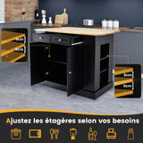 COSTWAY Ilot Central Cuisine Comptoir en Bois d'Hévéa Pliable, Étagères Réglables à 3 Niveaux, Desserte de Cuisine de Service avec Tiroirs, Supports Latéraux et 2 Portes, 61 x 120 x 92 cm, Noir