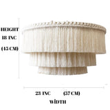 LAGOM Lustre bohème à 3 lumières à franges fait à la main, plafonnier bohème à franges en coton, 58,4 cm de large, couleur blanc crème
