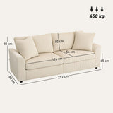 HOMCOM Canapé 3 Place Velours côtelé 210 cm, Design Moderne, 2 oreillers Inclus, Coussins à Ressorts, accoudoirs et Dossier rembourrés, pour Salon, Chambre, Bureau, crème