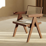 Chaise de salle à manger en rotin avec accoudoirs et coussin ajouré pour salon, chambre à coucher, salle de lecture et bureau, finition noyer
