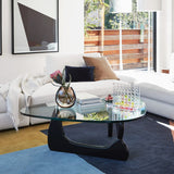 Table basse triangulaire moderne avec plateau en verre et base en bois – Petite table basse abstraite pour salon, bureau à domicile