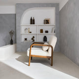 sweeek - Fauteuil scandinave Bois d'hévéa Finition Noyer Clair et Dossier Arrondi en Bouclette Blanche - Amelie