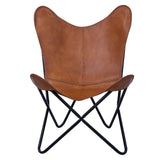 Chaise papillon en cuir marron clair avec base en métal noir