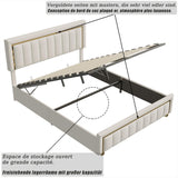 NMCXO Lit Double 160x200,Lit Coffre 160x200 avec Sommier à Lattes,Lits Hydraulique avec Rangement, Lits Moderne pour Adultes 2 Personnes,Tête de lit en Bords dorés,Blanc Cassé