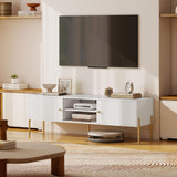 HOMCOM Meuble TV 140 cm, Meuble télé pour téléviseur jusqu'à 65 Pouces avec 2 Portes, 2 Compartiments Ouverts et Pieds en Acier, 2 Passe-câbles, Banc TV Moderne pour Salon, Chambre à Coucher, Blanc