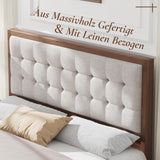LUXOAK Lit en Bois de pin Massif 160 x 200 cm avec tête de lit rembourrée, lit en Bois pour Chambre à Coucher ou Chambre d'amis, Housse en Lin, Aspect Noyer