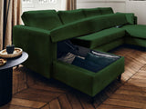 Lisa Design - Canapé Panoramique en U Convertible avec Coffre Anna en Velours - Canapé Lit - Grand Sofa XXL Vert 7 Places - Salon