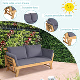 COSTWAY Canapé Lit de Jardin Convertible 2 Places en Bois d’Acacia avec Coussin, Canapé de Jardin 2 en 1 avec Accoudoir Réglable Charge 320KG, pour Patio Piscine Cour (Gris)