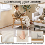 COSTWAY Chaise d'Appoint en Velours Côtelé, Chaise de Loisirs d'ntérieur avec Siège Rembourré et Dossier en Rotin, Fauteuil Rembourré en Bois d'Hévéa, pour Chambre, Salon, Bureau, Naturel