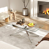 COSTWAY Table Basse Verre Axis, Table Basse Salon Transparente, Plateau Rectangulaire, Pieds Tubulaires en Métal Chromé, Design Argent Moderne, pour Appartement, Maison