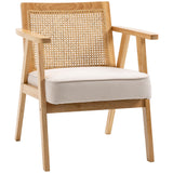 HOMCOM Fauteuil de Salon Confortable, Chaise en rotin avec Dossier en cannage, Coussin épais, Assise Profonde, Structure en Bois hévéa Tissu Aspect Lin Beige