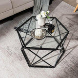 LIFEZEAL Table Basse en Verre Trempé, Table de Salon Hexagonal 65 x 56,5 x 40,5 cm, Table d'Appoint avec Cadre en Fer, Noir