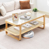 VEVOR Table Basse Rectangulaire en Rotin, Table de Salon avec Plateau en Verre Trempé, Meuble de Rangement Bohème Moderne de 115 cm, avec Pieds en Bois Naturel, pour Chambre et Petits Espac