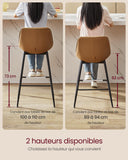 VASAGLE Tabourets de Bar, Lot de 2, Tabourets de Cuisine, Ergonomique, PU, Structure Métallique avec Pieds Réglables Articulés, 73 cm de Hauteur, Bar, Montage Facile, Marron Chameau LBC888K01