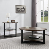 MODERION KFZ-1336 Table de salon ronde, table basse, table basse double couche, table de loisirs en bois massif, style naturel minimaliste, 85 x 85 x 45,5 cm (marron)