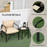 Outsunny Salon de Jardin bistrot, Ensemble bistrot de Jardin 3 pièces avec 2 fauteuils et 1 Table Basse Ronde, métal, Noir et Beige