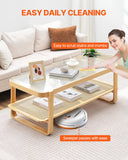 VEVOR Table Basse Rectangulaire en Rotin, Table de Salon avec Plateau en Verre Trempé, Meuble de Rangement Bohème Moderne de 115 cm, avec Pieds en Bois Naturel, pour Chambre et Petits Espac