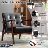 HomeMiYN Fauteuil Salon Vintage en Cuir, Fauteuil en Bois Massif, Fauteuil d'appoint Vintage Rembourrage Épais et Dossier Ergonomique pour Salon, Chambre, Café, Bureau Noir