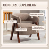 HOMCOM Fauteuil de Salon en Tissu Bouclette, Chaise rembourrée, Assise Large, Dossier Ergonomique, accoudoirs, Pieds en Bois Massif et Structure en Acier, Fauteuil de Chambre, Salon, Bureau, Marron