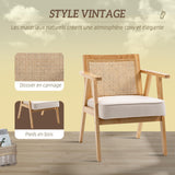 HOMCOM Fauteuil de Salon Confortable, Chaise en rotin avec Dossier en cannage, Coussin épais, Assise Profonde, Structure en Bois hévéa Tissu Aspect Lin Beige