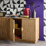 sweeek - Buffet Exotique 4 Portes. décor Bois de manguier rainuré. Buffet Bas. poignées en métal doré. L 180 x P 40 x H 75cm