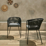 Alice's Garden - Lot de 2 fauteuils de Jardin en Corde Noire et Acier galvanisé. Coussin Gris