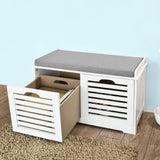 SoBuy Banc Chaussures Entrée Rangement - Meuble à Chaussures avec Coussin Rembourré et 2 Paniers - Banc d’Entrée en Bois pour Couloir - 71x34x43cm, Blanc, FSR23-K-W
