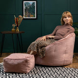 Icon Sirena Fauteuil Pouf Velours avec Tabouret, Pouf Chambre avec Remplissage, Fauteuil Salon Confortable, 1 Place, Chaise Chambre, Meuble Salon, Rose Poudre