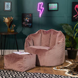 Icon Sirena Fauteuil Pouf Velours avec Tabouret, Pouf Chambre avec Remplissage, Fauteuil Salon Confortable, 1 Place, Chaise Chambre, Meuble Salon, Rose Poudre