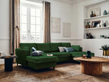 Lisa Design - Canapé Panoramique en U Convertible avec Coffre Anna en Velours - Canapé Lit - Grand Sofa XXL Vert 7 Places - Salon
