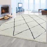 Teppich-Traum Tapis de Salon à Poils Longs Blanc Noir Motif Losange Nordique, 160 x 230 cm