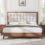 LUXOAK Lit en Bois de pin Massif 160 x 200 cm avec tête de lit rembourrée, lit en Bois pour Chambre à Coucher ou Chambre d'amis, Housse en Lin, Aspect Noyer