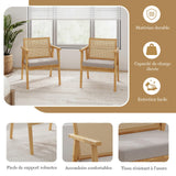 COSTWAY Lot de 2 Fauteuils de Salon 1 Place, Fauteuil Relax avec Cadre en Bois d’Hévéa, Fauteuil d'Appoint avec Dossier en Rotin Respirant & Coussin Amovible, pour Bureau, Salle d'Étude, Charge 135KG