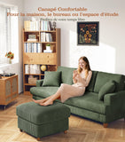 Kidirect Canapé Confortable en Velours côtelé de 221CM, 53 cm Siège Extra Profond, Montage sans Outils, Grand canapé 3 Places avec 2 Coussins, Canapé Moderne pour Chambre à Coucher, Vert forêt