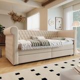 YESGIGA Tête de lit vintage capitonnée 90 x 200 cm, canapé-lit, lit de jour avec 2 tiroirs de rangement, lit pour enfant, adolescent avec sommier à lattes en bois (beige)